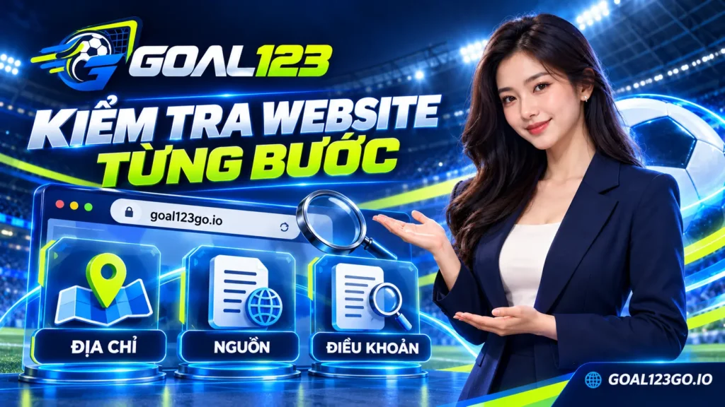 Nhân vật nữ giới thiệu các bước đọc địa chỉ, đối chiếu nguồn và kiểm tra điều khoản website Goal123