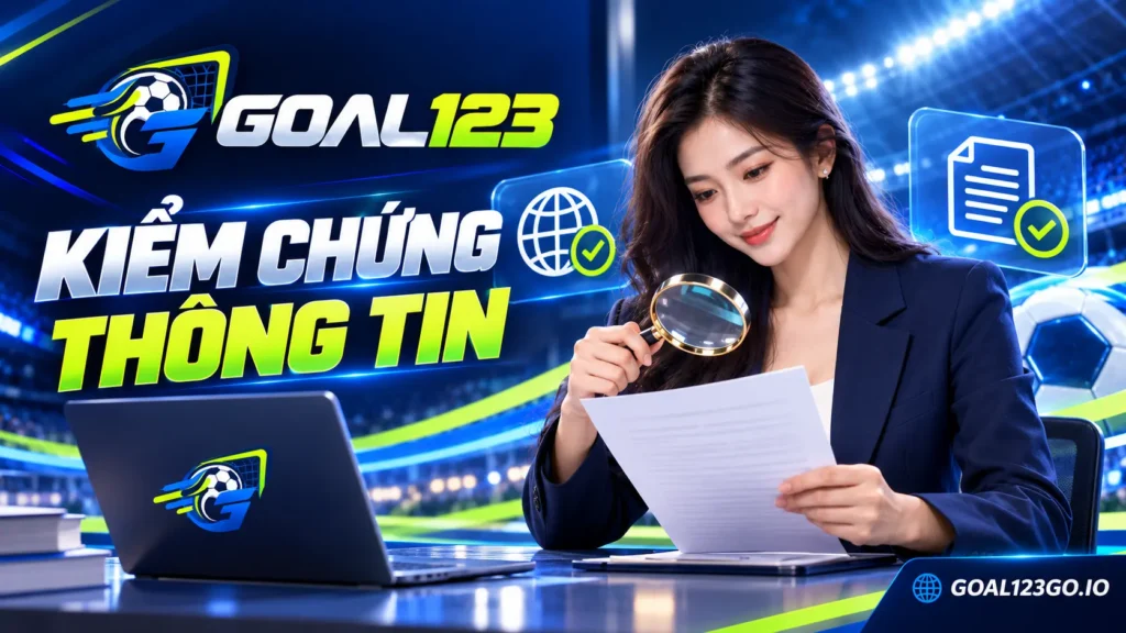 Nhân vật nữ kiểm tra tài liệu và nguồn thông tin thương hiệu Goal123