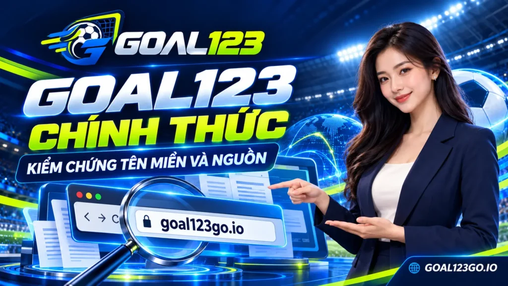 Nhân vật nữ minh họa kiểm chứng tên miền Goal123 với watermark GOAL123GO.IO