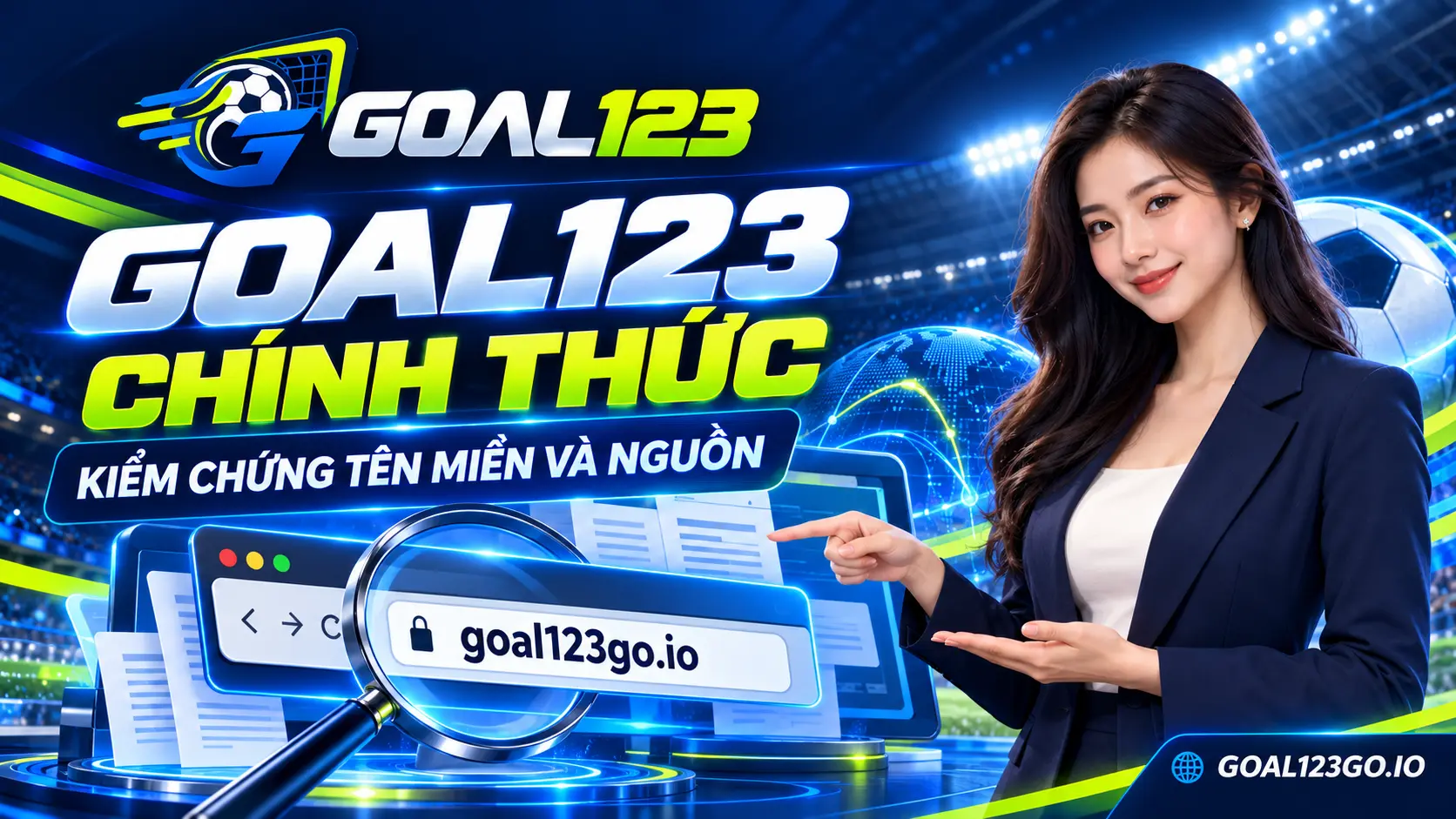 Nhân vật nữ minh họa kiểm chứng tên miền Goal123 với watermark GOAL123GO.IO