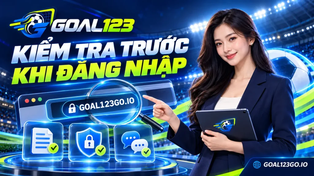 Nhân vật nữ kiểm tra tên miền và điều khoản trước khi đăng nhập Goal123
