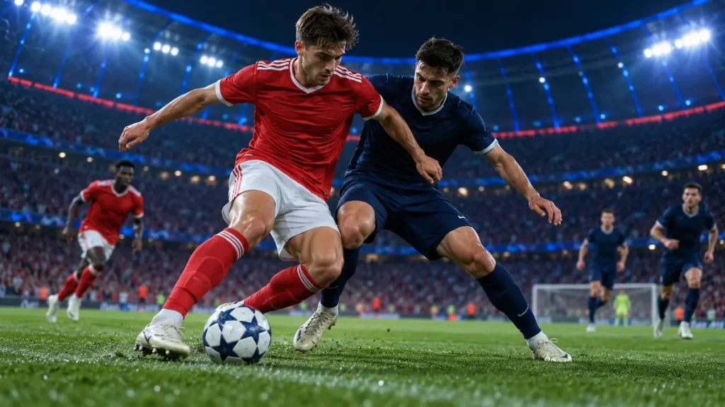 Pha tranh chấp bóng giữa cầu thủ áo đỏ và áo xanh đậm trong trận Champions League