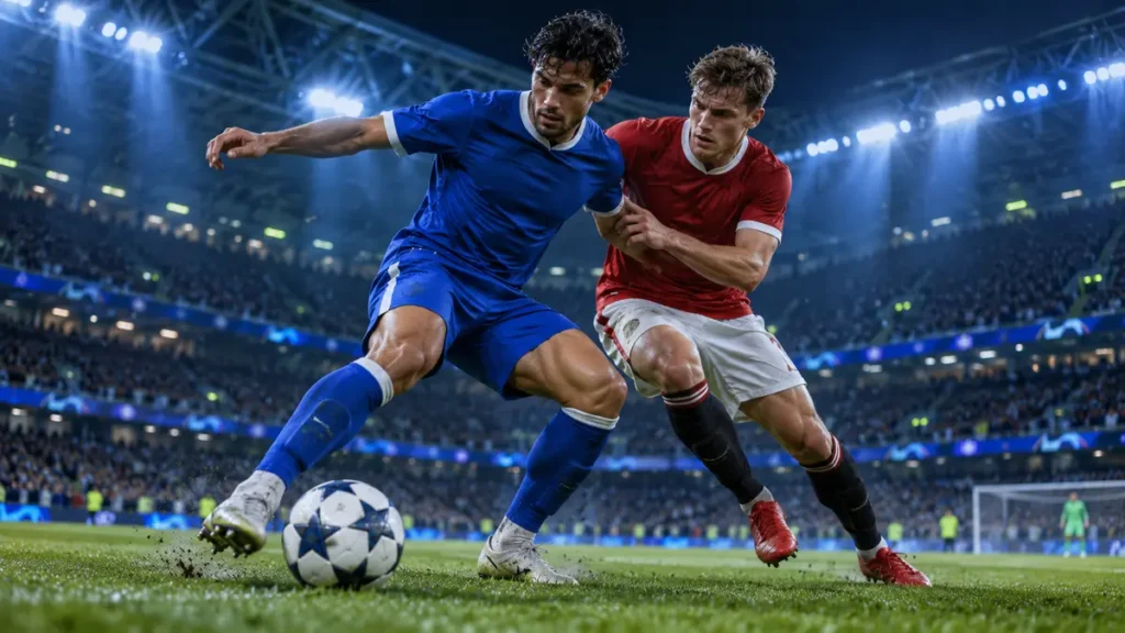 Cầu thủ áo xanh và áo đỏ tranh bóng trong trận đấu dưới đèn Champions League
