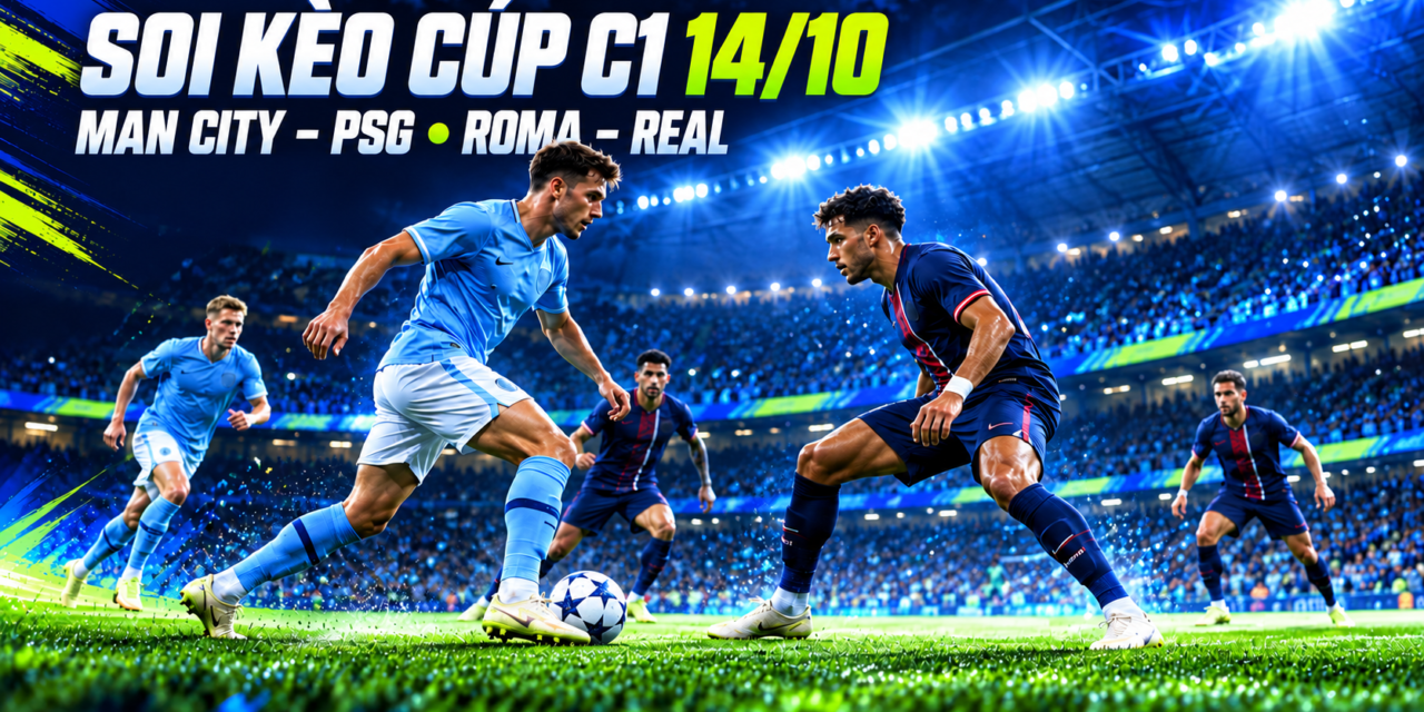 Ảnh bìa soi kèo Cúp C1 ngày 14/10, tâm điểm Man City vs PSG và Roma vs Real Madrid.