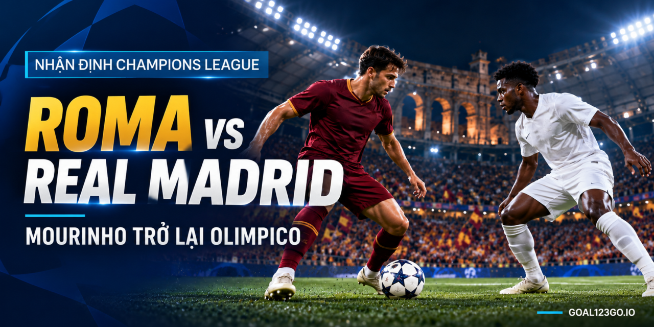 Ảnh minh họa Roma áo burgundy đối đầu Real Madrid áo trắng dưới ánh đèn sân vận động; tiêu đề Roma vs Real Madrid và Mourinho trở lại Olimpico trên nền nhận diện Goal123.