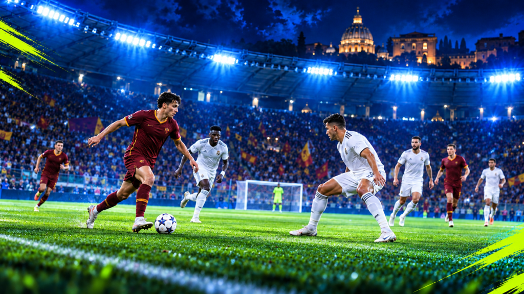 Cầu thủ áo đỏ bã trầu tấn công trước hàng thủ áo trắng tại sân vận động Olimpico.