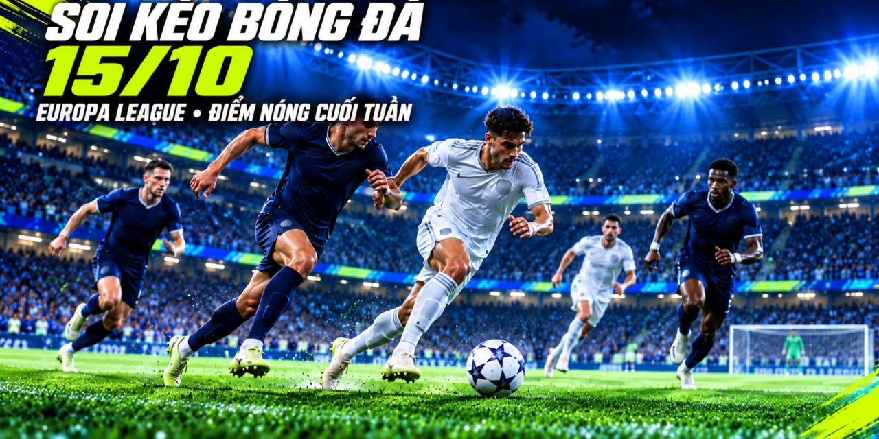 Ảnh bìa soi kèo bóng đá 15/10 với các cầu thủ tranh bóng dưới ánh đèn xanh tại sân vận động