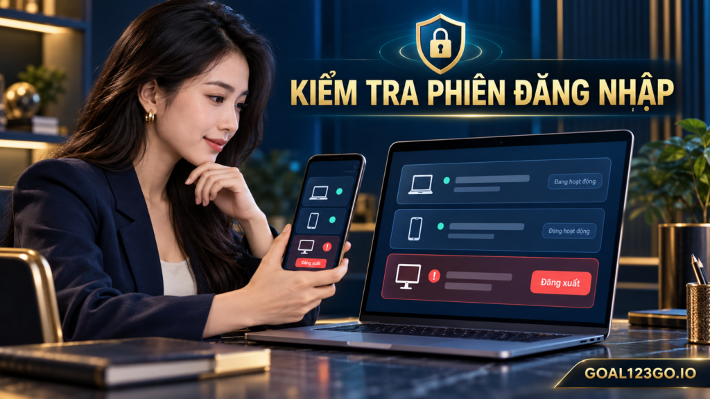 Nhân vật nữ kiểm tra các phiên đăng nhập Goal123 trên nhiều thiết bị