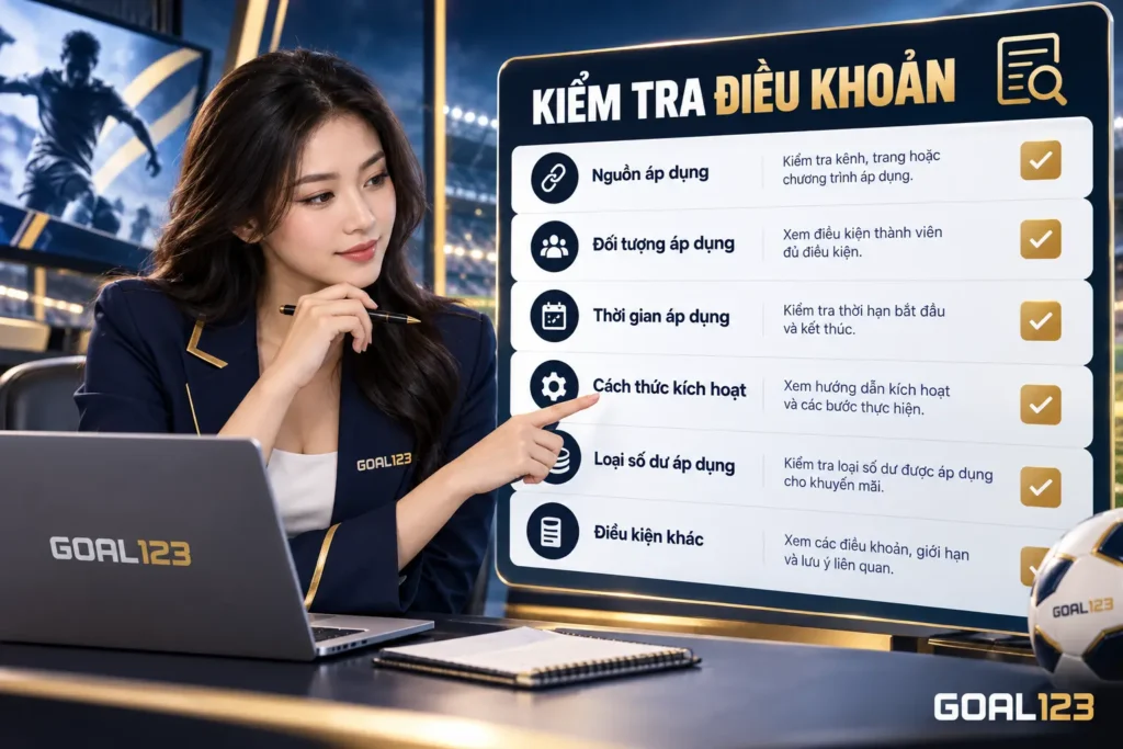 Nữ đại diện Goal123 hướng dẫn kiểm tra điều khoản khuyến mãi