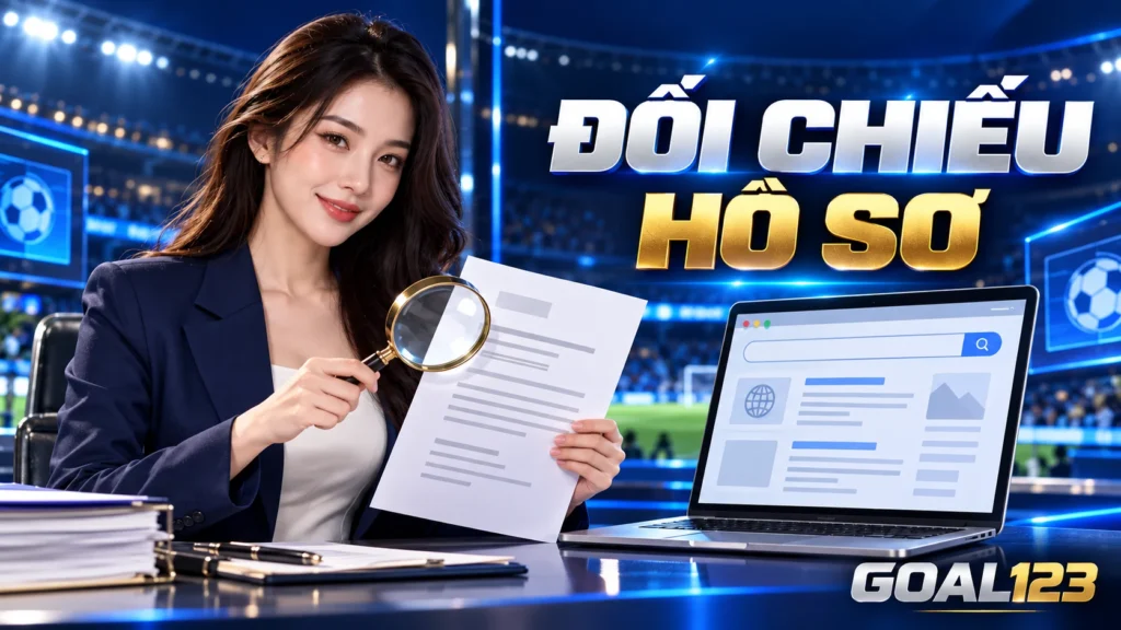 Nữ đại diện Goal123 đối chiếu hồ sơ doanh nghiệp với nguồn tra cứu