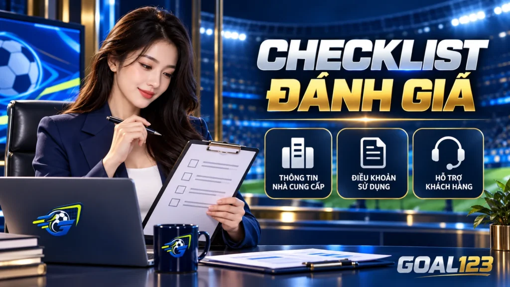 Nữ đại diện Goal123 xem checklist pháp nhân, điều khoản và hỗ trợ