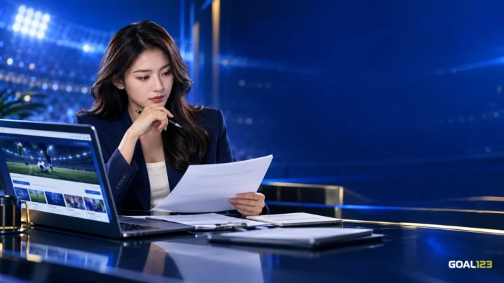 Nữ đại diện Goal123 xem xét trang web và tài liệu trong không gian xanh navy; watermark GOAL123.