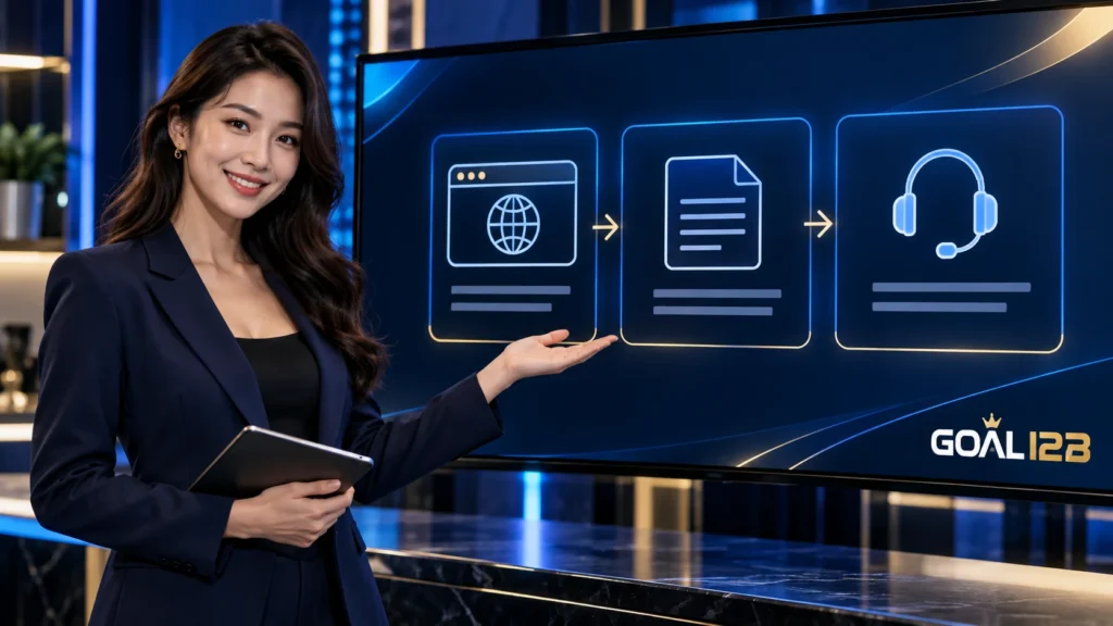 Nữ đại diện Goal123 chỉ vào các bước xem tên miền, chính sách và kênh hỗ trợ.