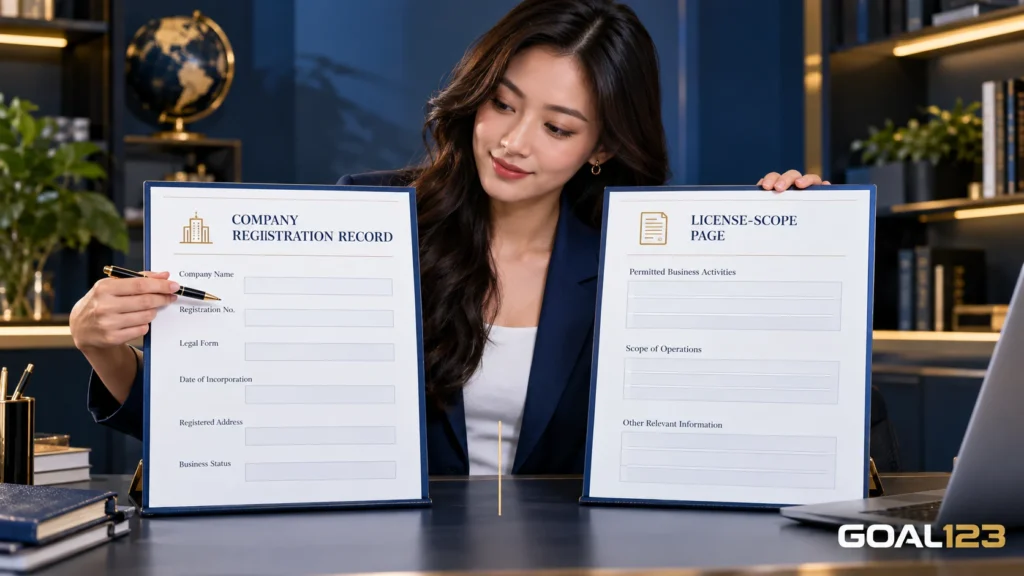 Nữ đại diện Goal123 so sánh tài liệu đăng ký công ty với trang thông tin phạm vi giấy phép.