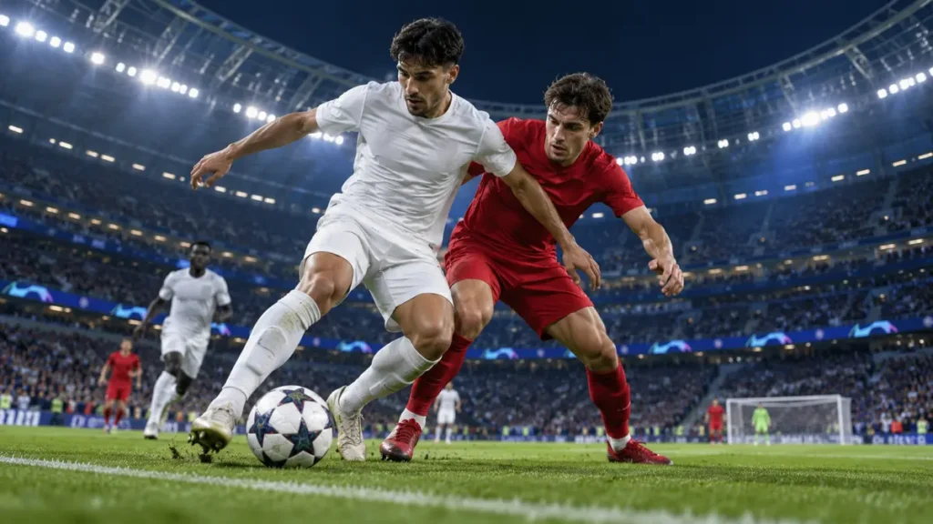 Hai cầu thủ áo trắng và đỏ tranh bóng dưới ánh đèn sân Champions League