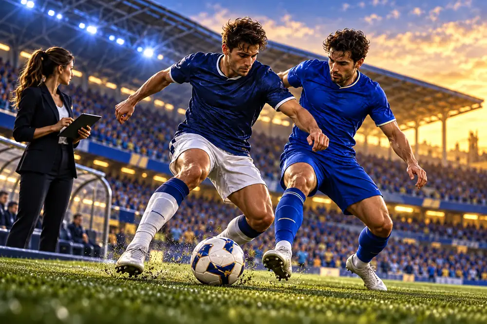 Cầu thủ Everton và Chelsea tranh chấp bóng ở trung tuyến trong trận đấu tại sân vận động