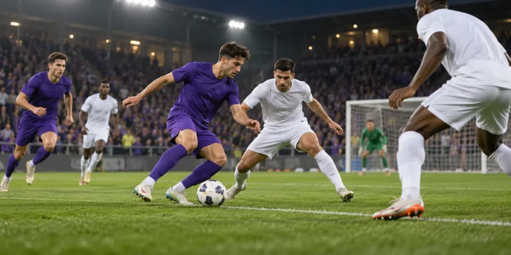 Cầu thủ áo tím kiểm soát bóng trước hàng thủ áo trắng, minh họa chiến thắng 3-0 của Toulouse trước Le Mans.